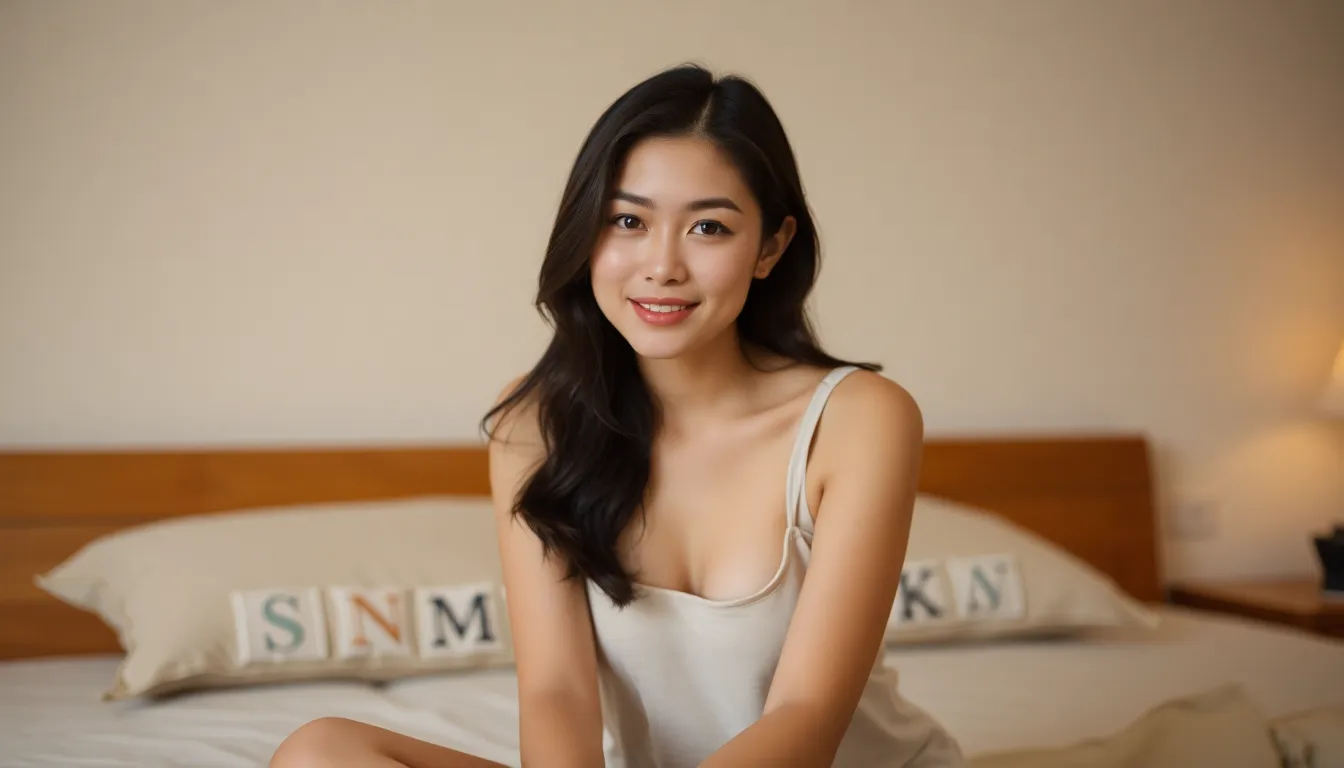 an Asian lady sitting on a bed with low lights in the background