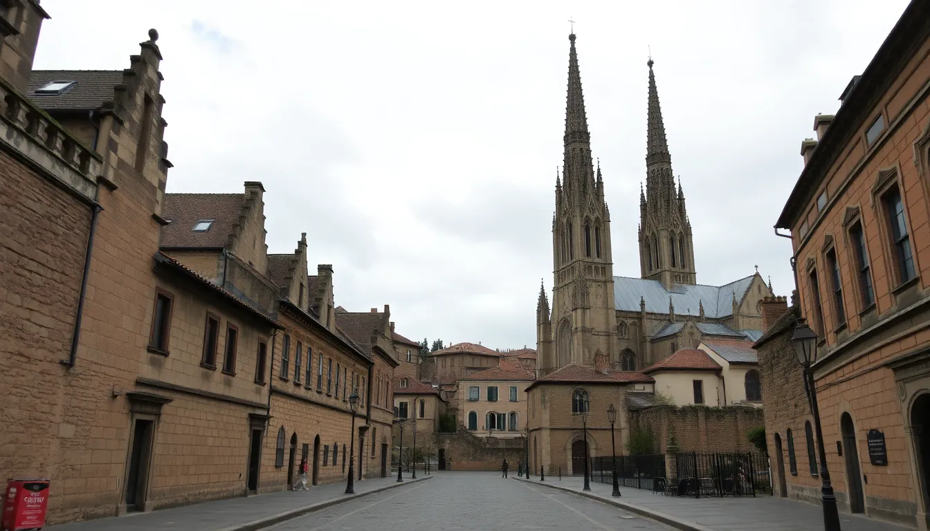 An ancient city with stone-paved streets, towering gothic cathedrals, and an overcast sky.