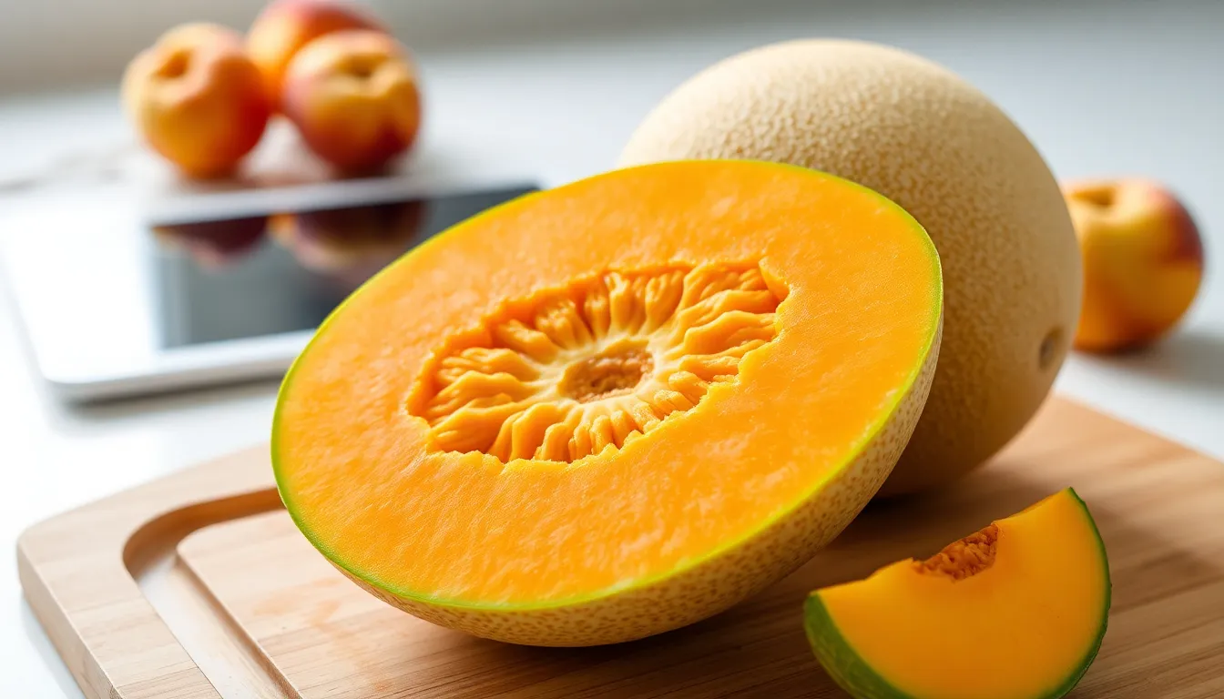 "Generate an image of a freshly cut cantaloupe melon resting on a cutting board. The melon should be...