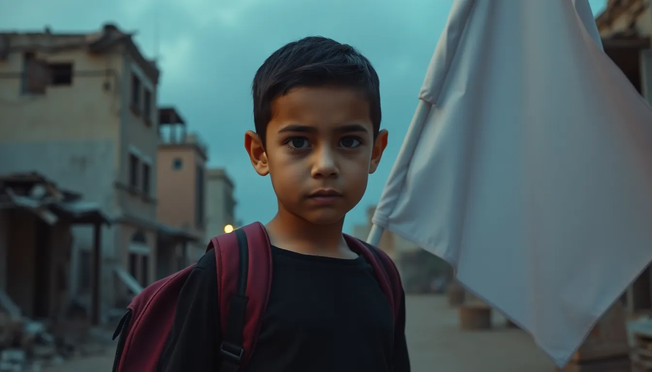 A child from Gaza wearing black and a maroon backp...