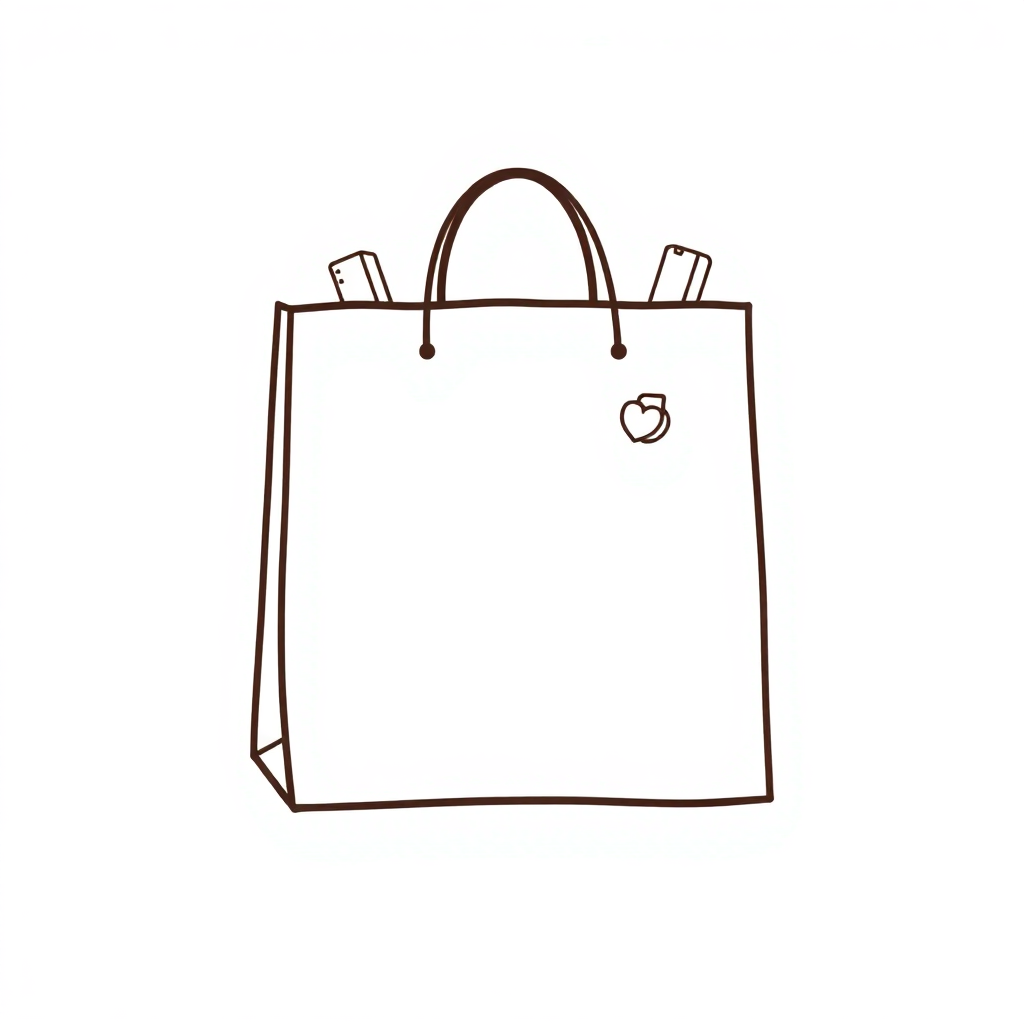 A blank hand-drawn shopping bag with only single-line icons of essential items.