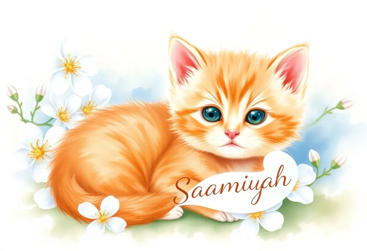 	A chubby, short-legged orange kitten with soft peach and cream fur nestles amid blooming white flow...