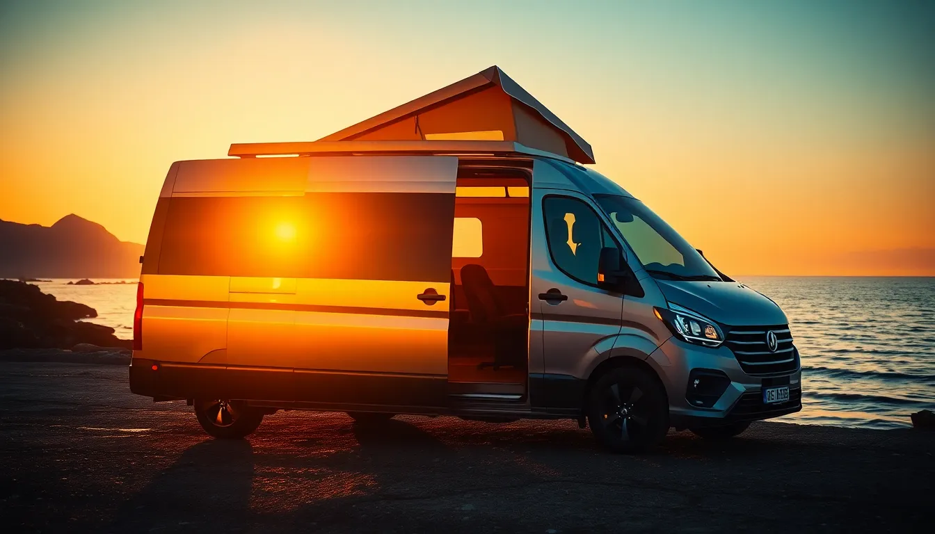 A luxurious small campervan parked beside a calm ocean at sunrise, golden sunlight reflecting off th... A luxurious small campervan parked beside a calm ocean at sunrise, golden sunlight reflecting off th...
