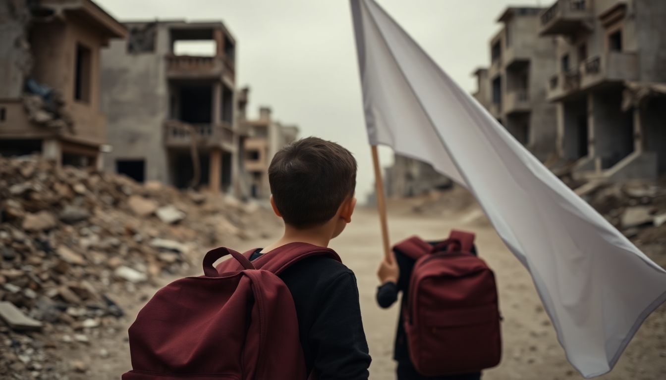 A child from Gaza wearing black and a maroon backp...