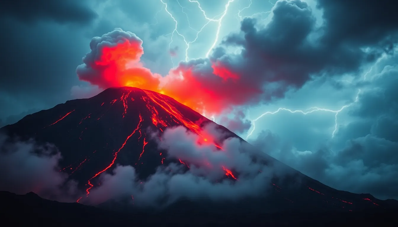 A volcanic mountain erupting with red-hot lava, surrounded by ash clouds and lightning in the sky.