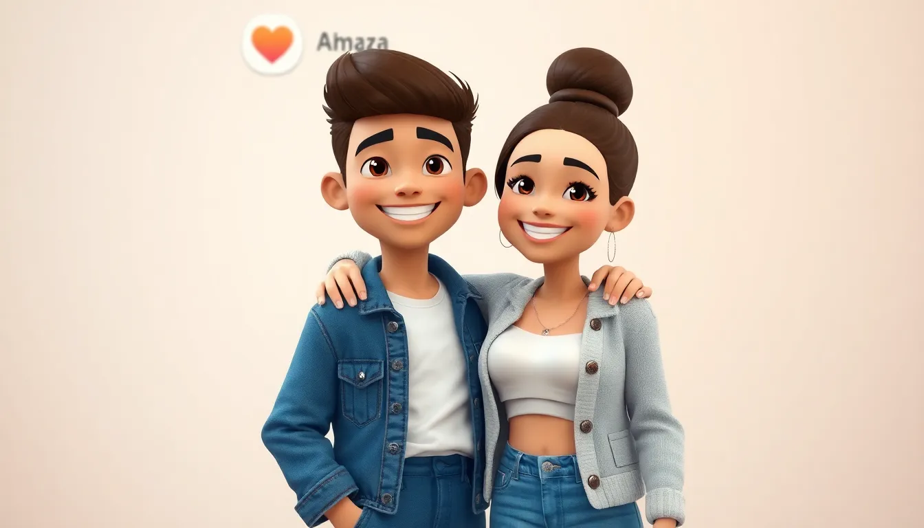 	3D cartoon-style heartwarming portrait of a young couple, Ahmed and Zoza, smiling affectionately. Z...