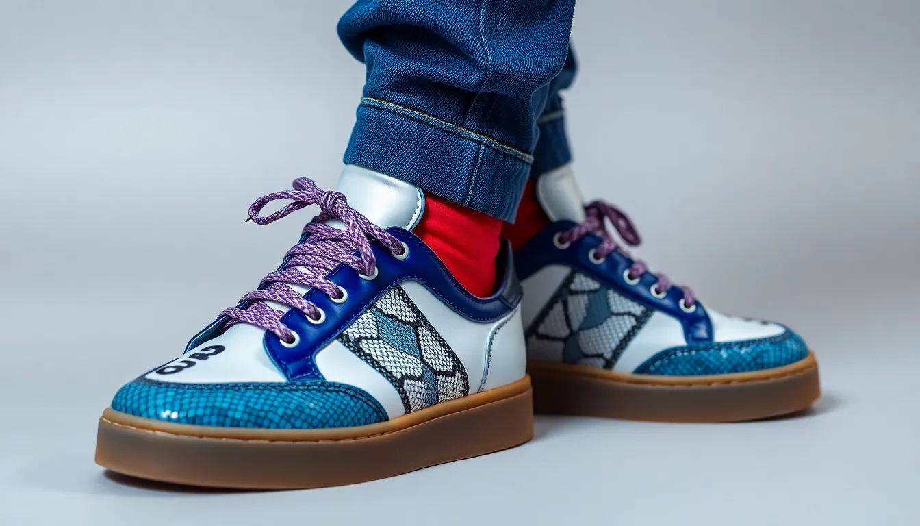Make silk satin velvet cashmere red white  blue snakeskin sneakers with gum sole  and jeans Dior Mar...