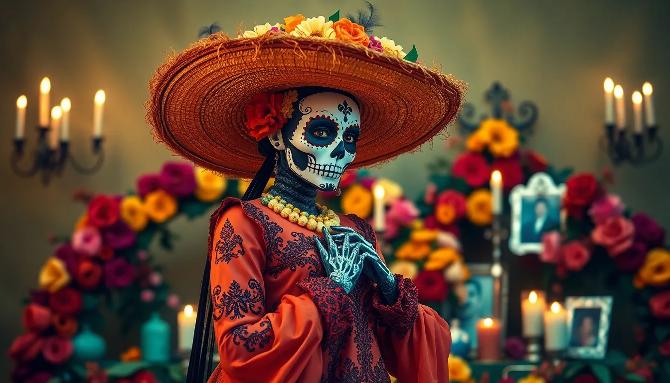 Una catrina que no sea humana, de mirada intensa con su cara  hacia el frente,con un elegante vestid...