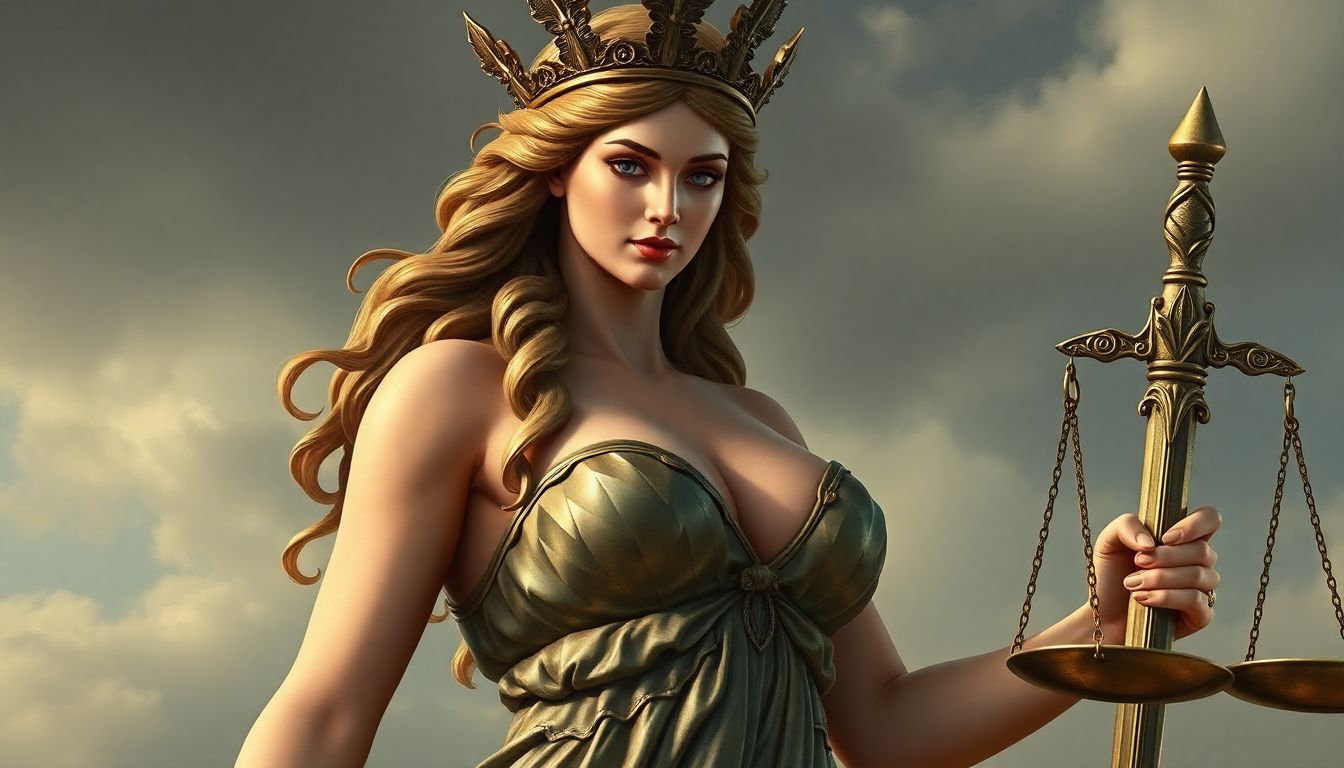 Astraea, the goddess of justice, big cleavage, large breasts, greek style, holding scales of justice...