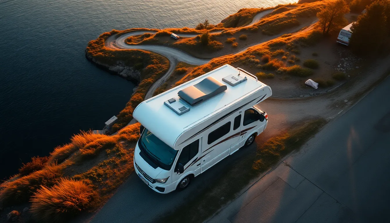 A dramatic aerial view of a 5.99-meter motorhome p... A dramatic aerial view of a 5.99-meter motorhome p...