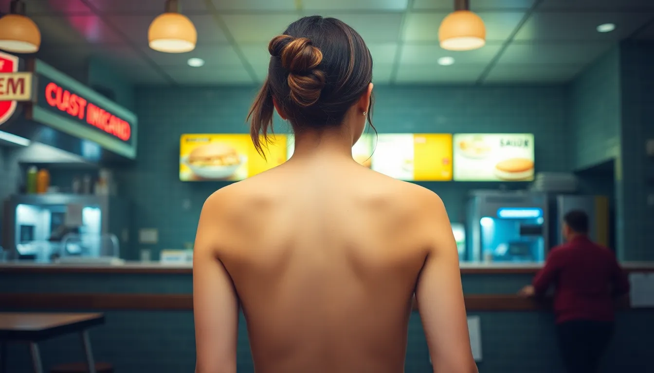 a woman naked facing away form camrea in fast food restraunt
