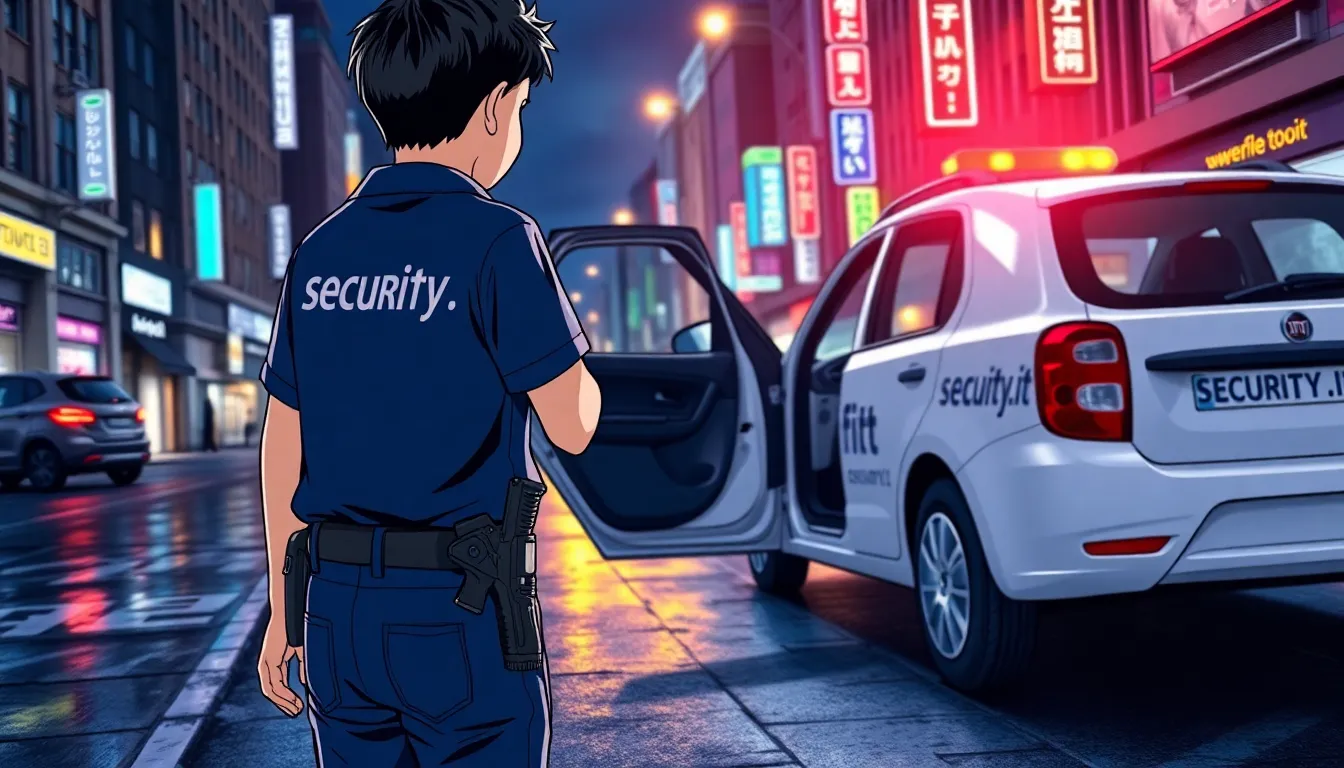 A boy in a dark blue security uniform, wearing a s... A boy in a dark blue security uniform, wearing a s...