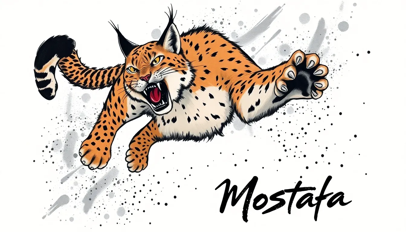 Create a powerful and stylized image of a snarling lynx captured mid-leap, seen from a dramatic low-...