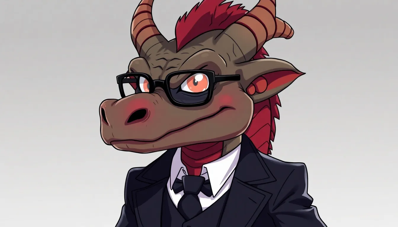 A dragon orc wearing a butler's uniform and glasses, with red scales Anime art style