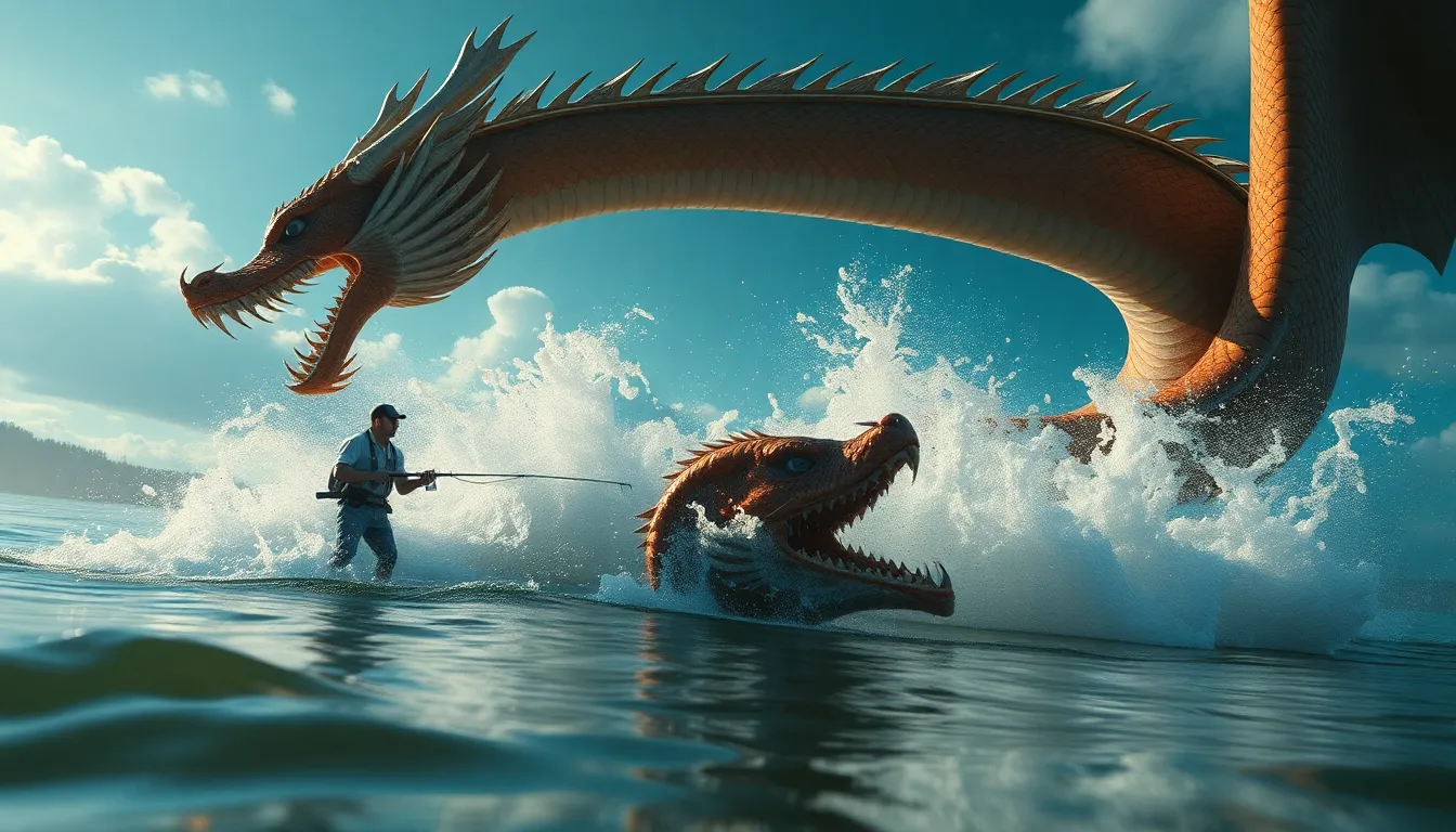 A well-equipped American angler confronts a giant Chinese dragon in a lake, huge splash, Unreal Engi...