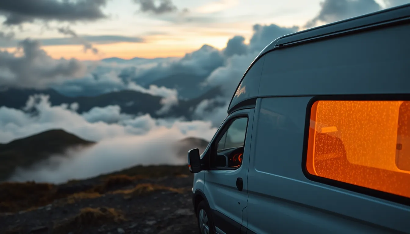 A small luxury campervan parked on a misty mountain ridge at sunrise, soft rain droplets glistening ... A small luxury campervan parked on a misty mountain ridge at sunrise, soft rain droplets glistening ...