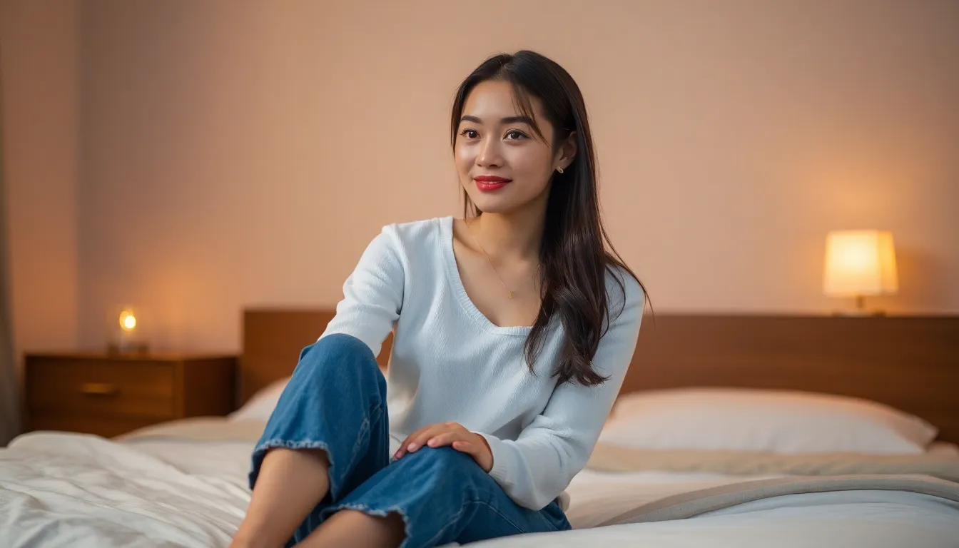an Asian lady sitting on a bed with low lights in the background