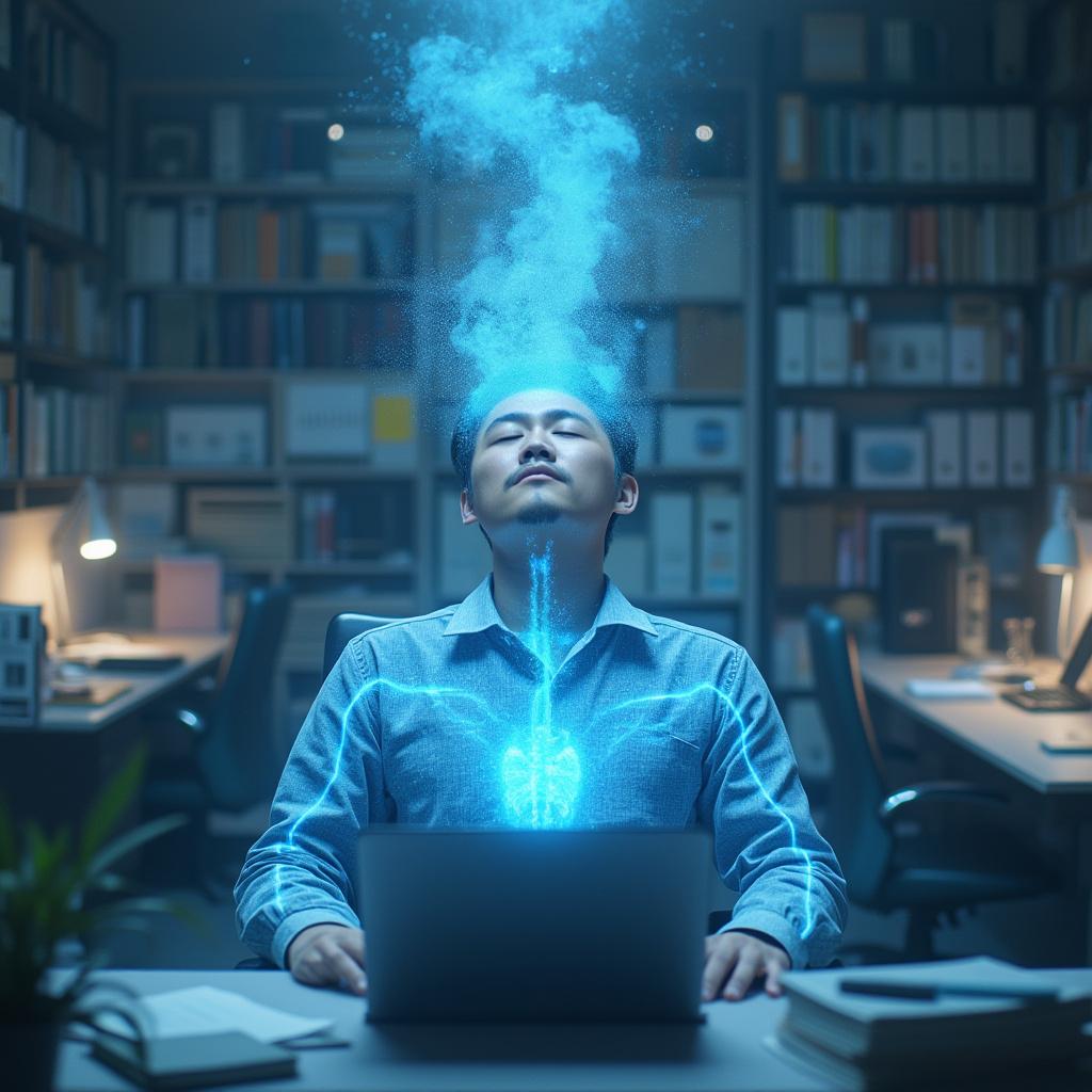 A modern chinese office worker sitting at a desk w...