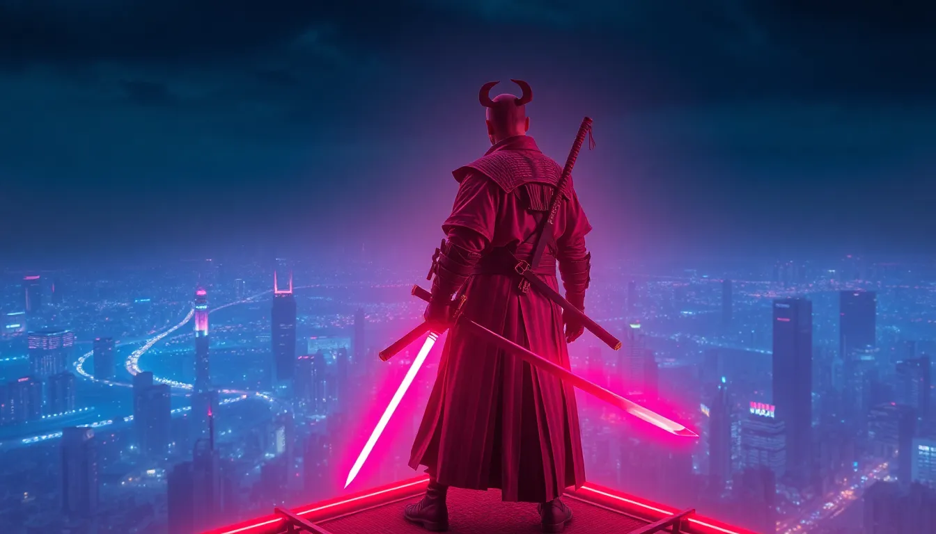 A cyberpunk samurai standing on a neon-lit rooftop...