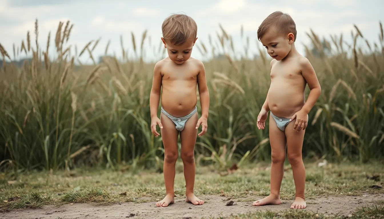 Two little boys peeing naked