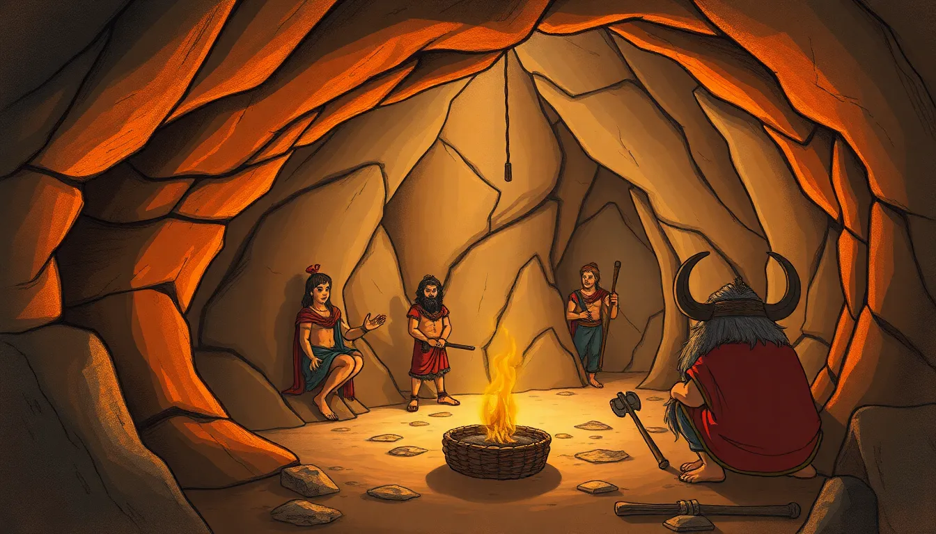 Dessiner Polyphème, dans sa grotte, un œil au milieux du front, Ulysse, quelques compagnons et des m...