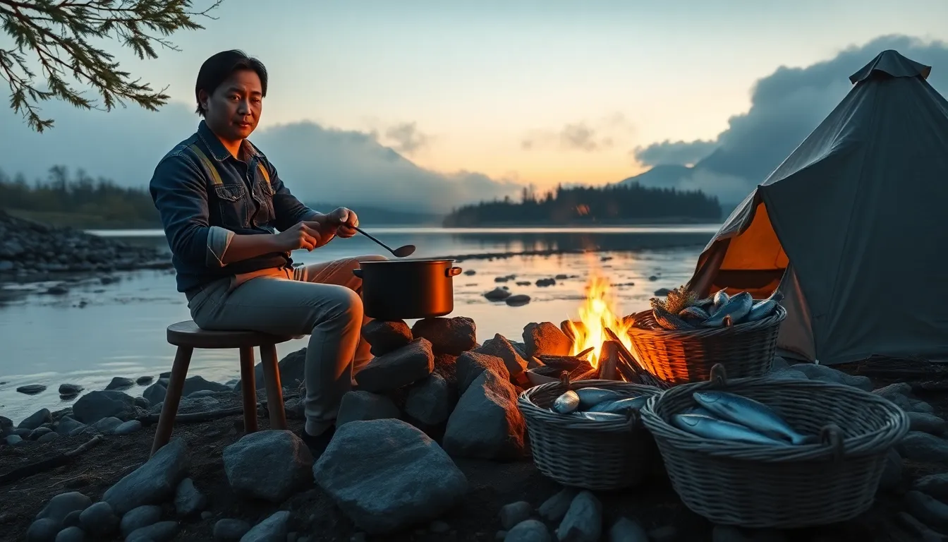 A hyper-realistic twilight scene shows an Asian man in his early 30s sitting on a stool by a campfir...