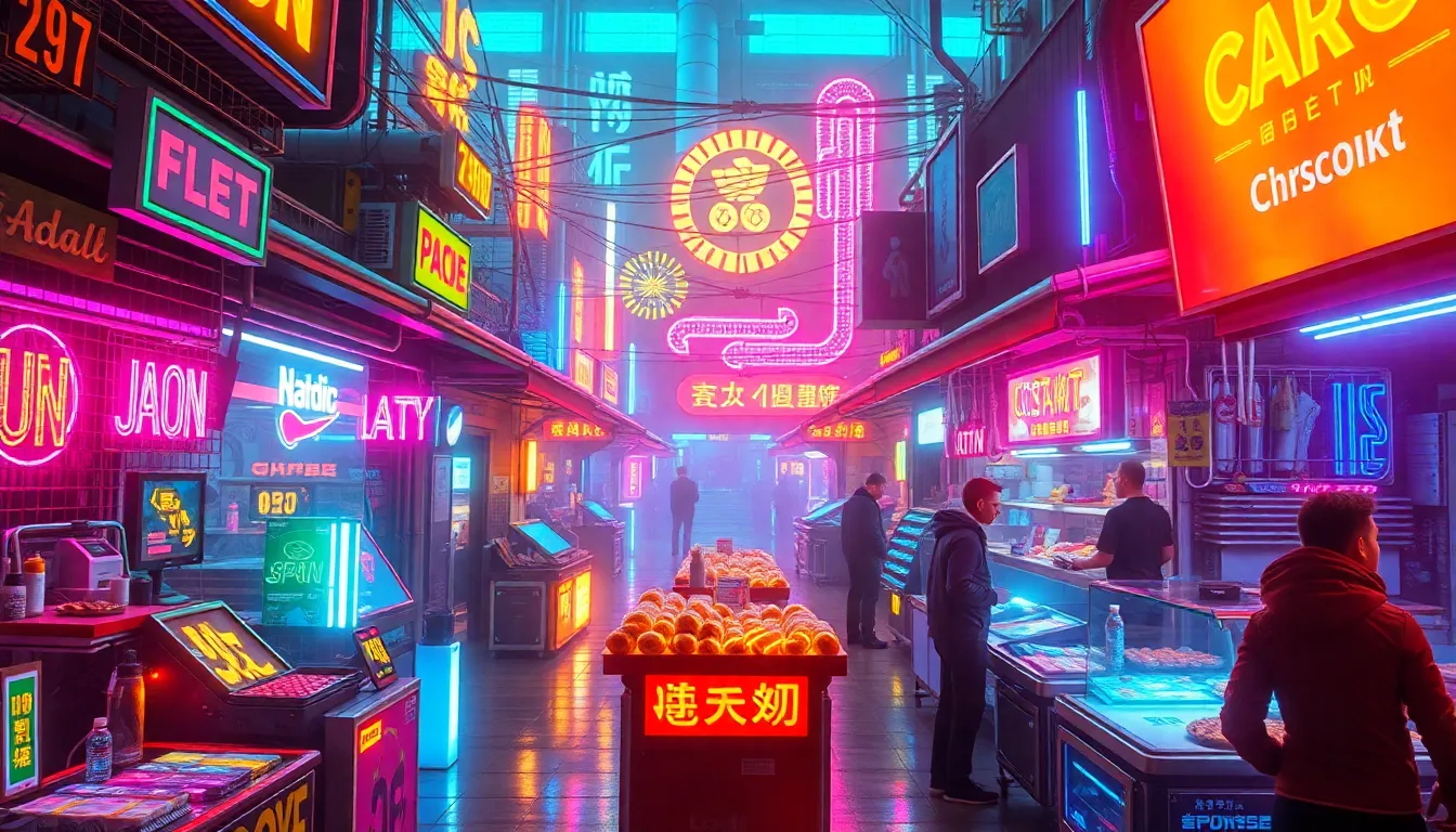 A neon-lit cyberpunk marketplace with street vendors selling glowing gadgets and futuristic food, su... A neon-lit cyberpunk marketplace with street vendors selling glowing gadgets and futuristic food, su...