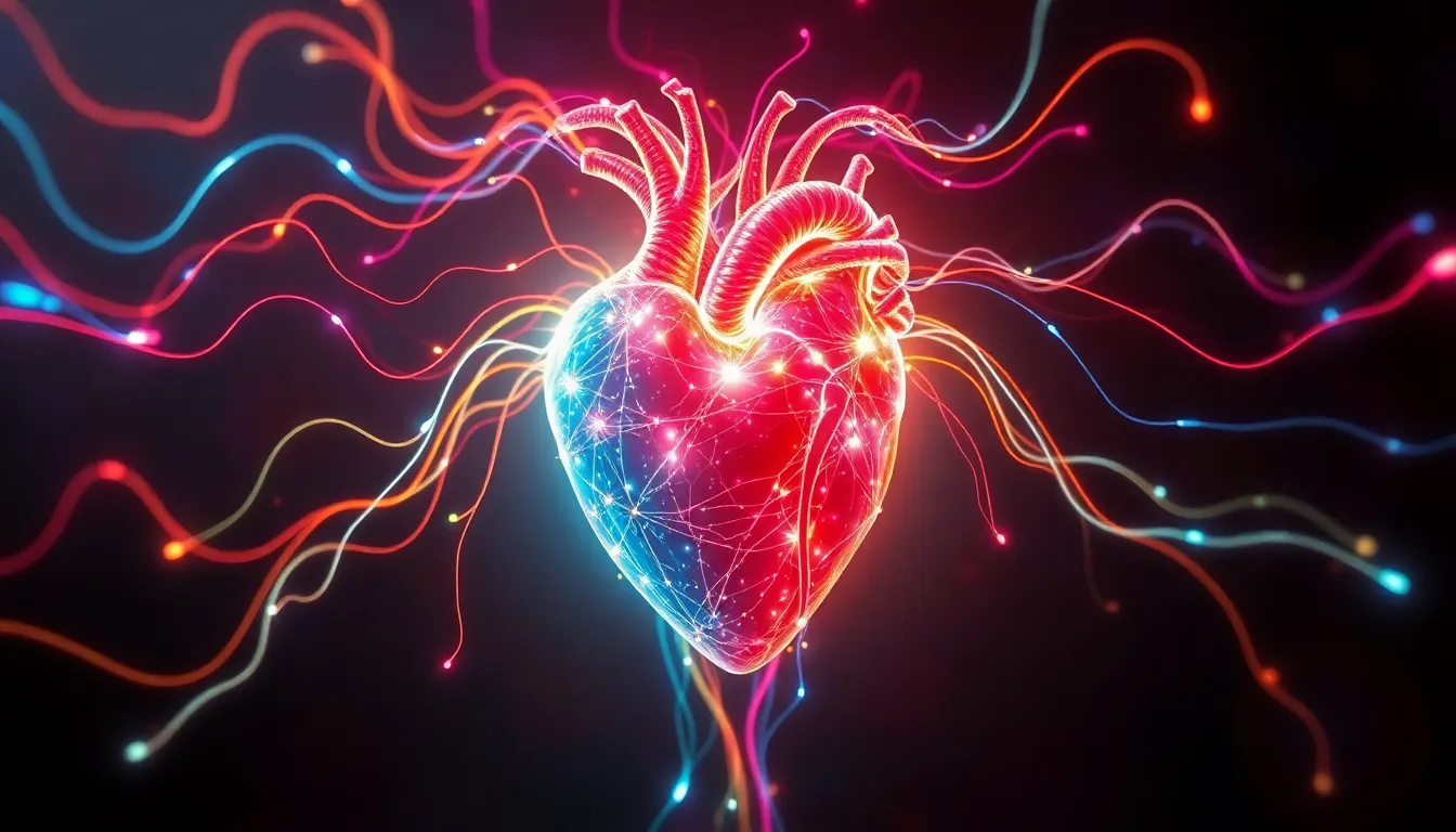 A pulsating heart made of light and energy, with c...