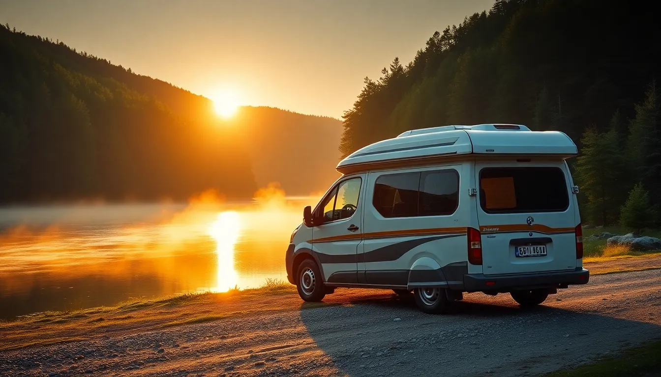 Hobby-style compact campervan parked beside a calm... Hobby-style compact campervan parked beside a calm...