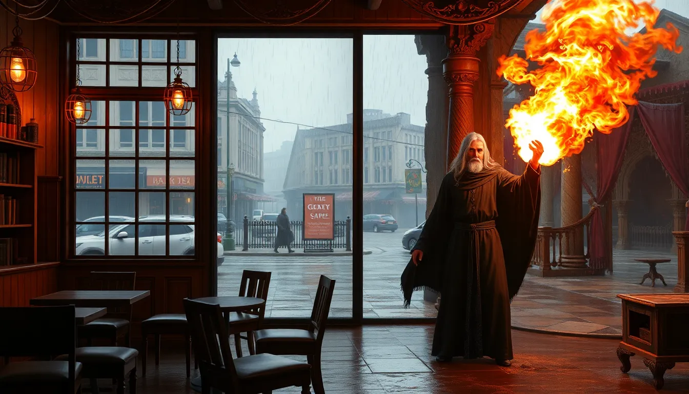A cozy café with warm lighting, wooden furniture, and large windows overlooking a rainy city street....