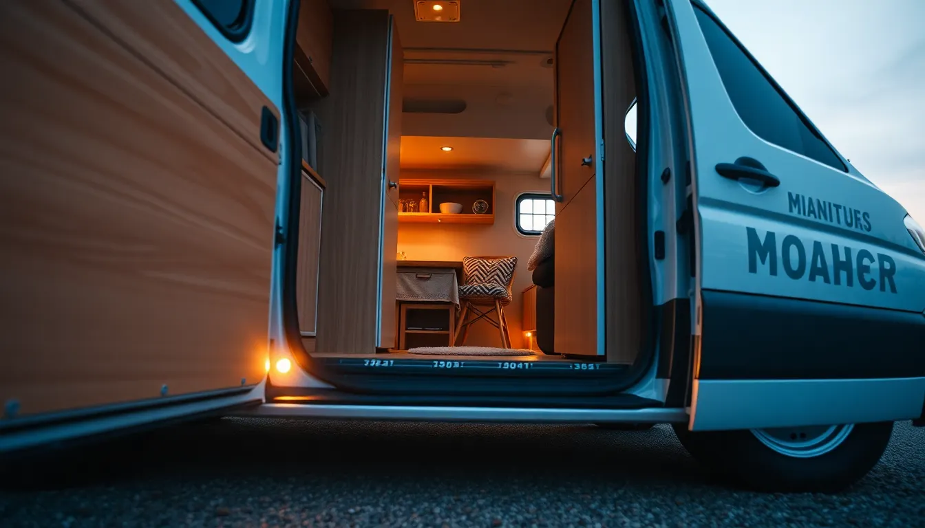 The campervan’s side door sliding open from a clos... The campervan’s side door sliding open from a clos...