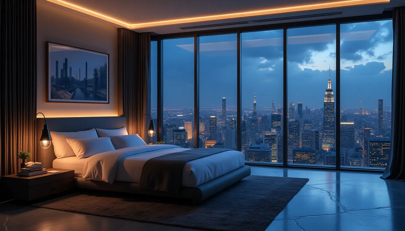 A luxurious futuristic bedroom with floor-to-ceili...