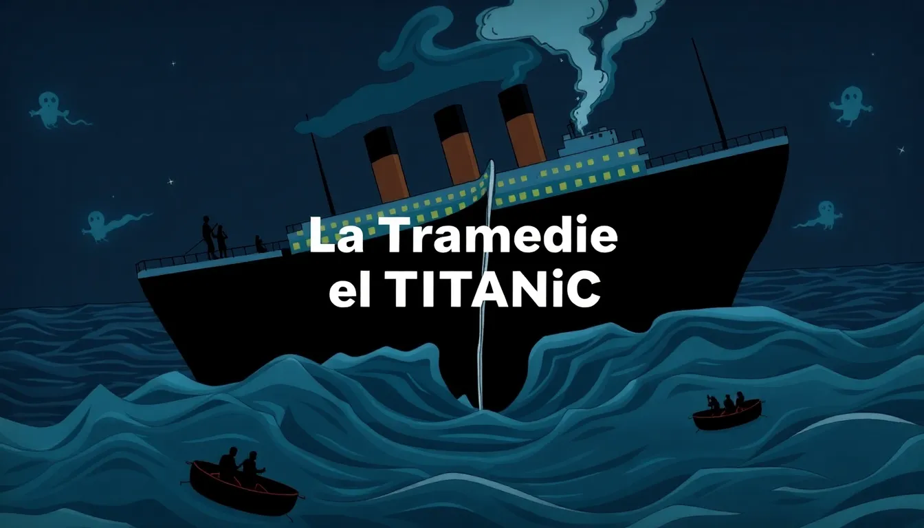A dark cartoon-style illustration of the Titanic splitting in two at night, icy waters swirling belo...