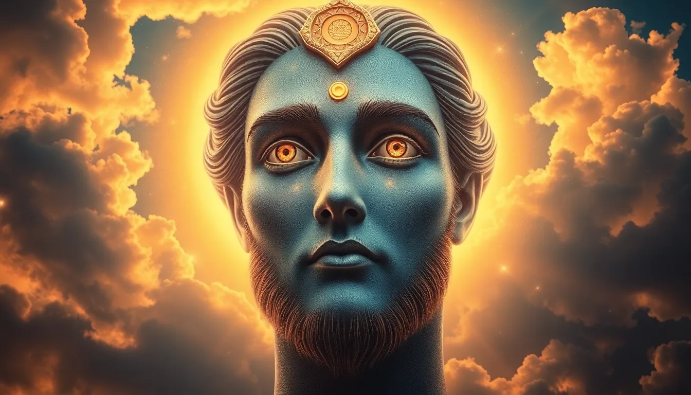 le visage d'une divinité masculine dans le ciel de jour. un grand nombre d'yeux humains répartis sur... le visage d'une divinité masculine dans le ciel de jour. un grand nombre d'yeux humains répartis sur...