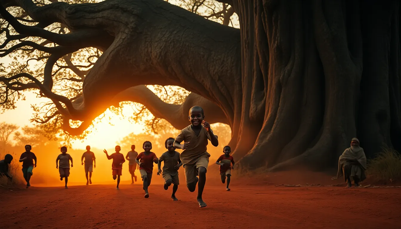 Children Running Home
 Ultra-realistic cinematic scene of African village children running barefoot ...