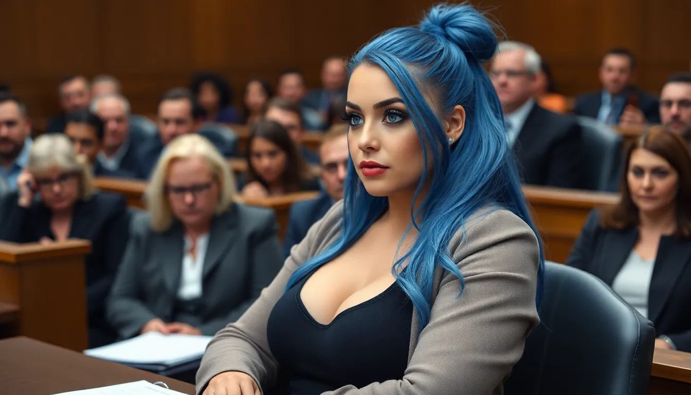 Curvy Girl with long blue Hair tied back and blue ...