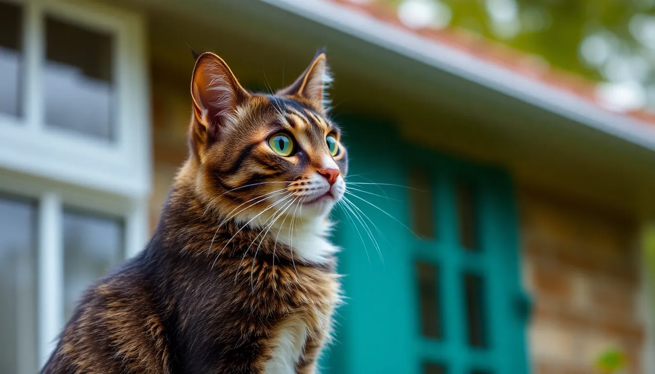 A cat with big black eyes stands on the house and crows
