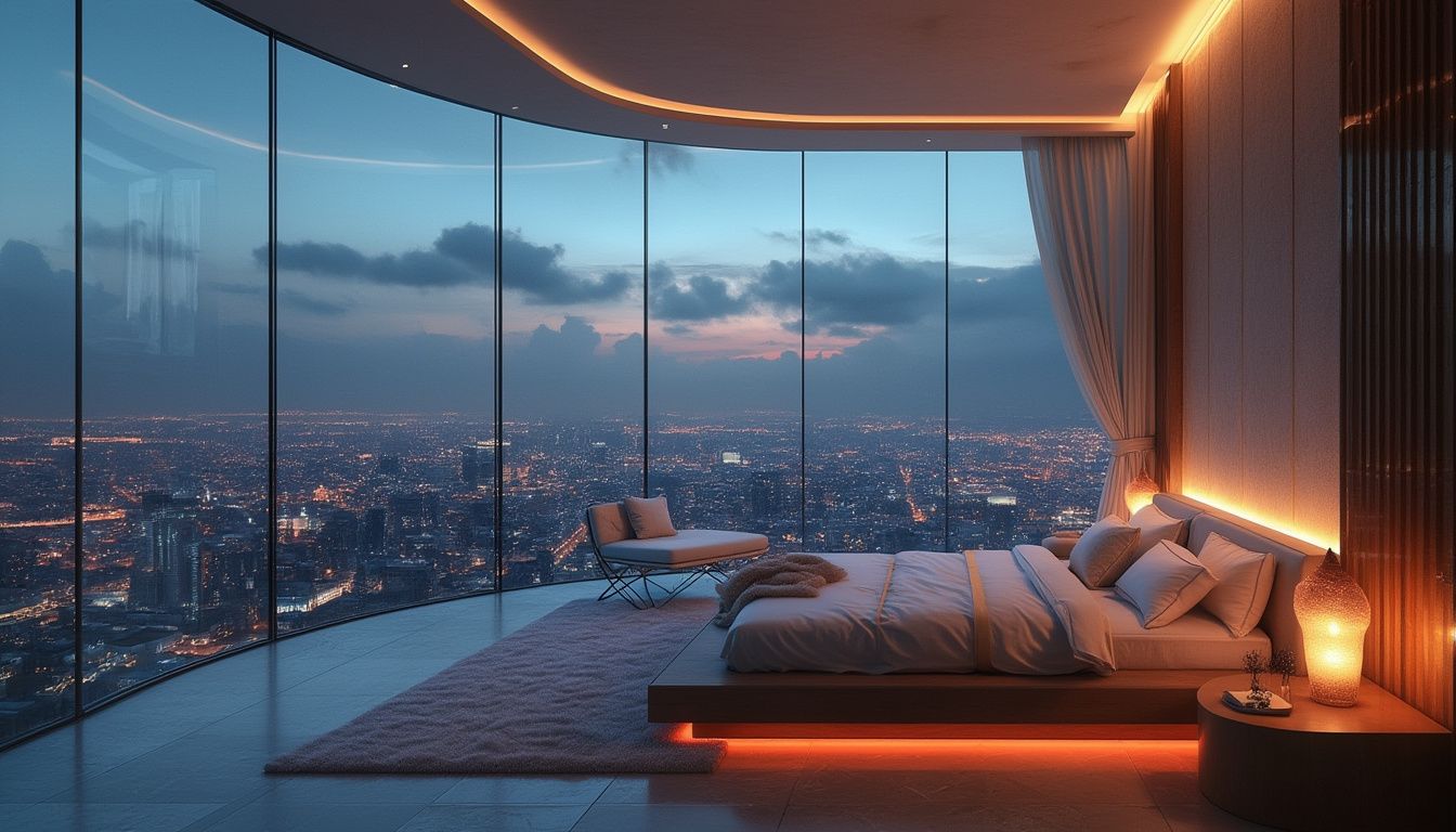 A luxurious futuristic bedroom with floor-to-ceili...