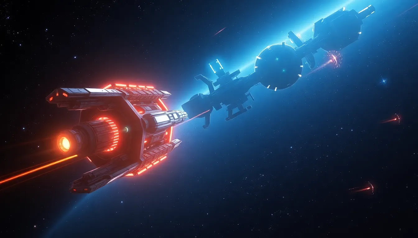 A massive spaceship docking at a glowing space sta... A massive spaceship docking at a glowing space sta...