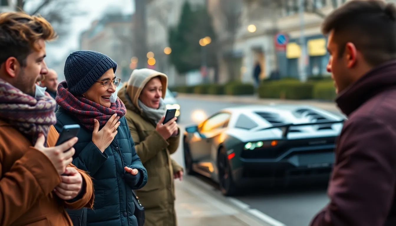Ultra-real people on sidewalk watching the Lamborg...