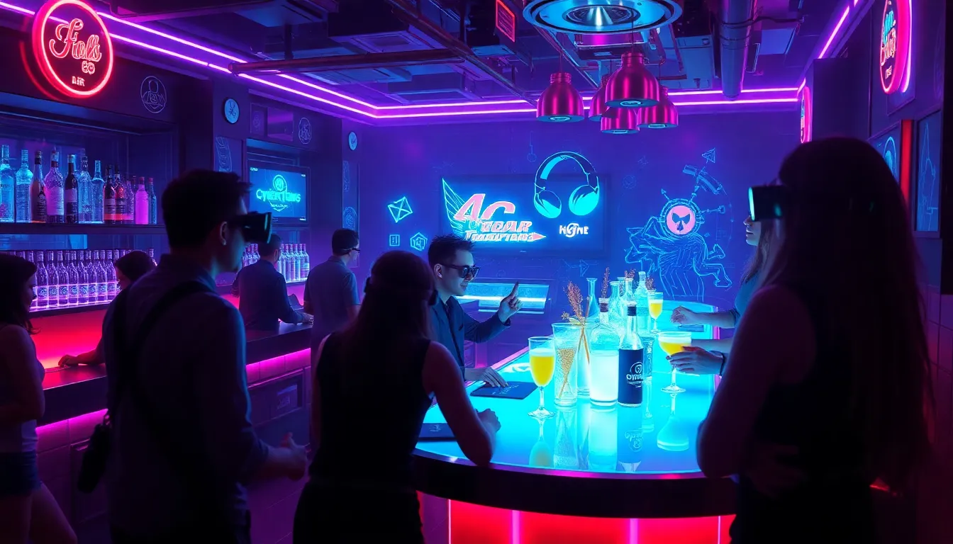 A cyberpunk-style bar with holographic bartenders,...