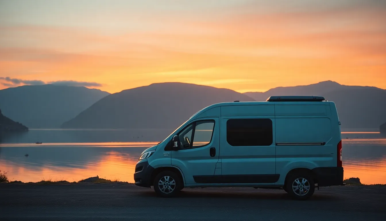 A compact luxury campervan parked at the edge of a... A compact luxury campervan parked at the edge of a...