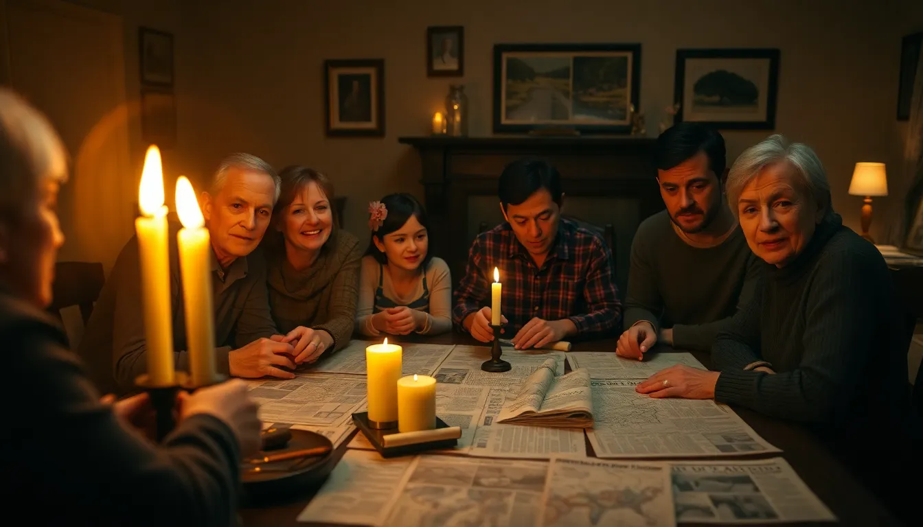 Family gathered around candle-lit table, newspaper clippings and maps spread out, tense emotional at...