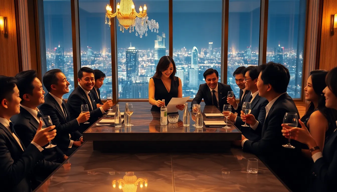 A luxurious dinner party scene inside an elegant high-rise restaurant with a panoramic night city vi... A luxurious dinner party scene inside an elegant high-rise restaurant with a panoramic night city vi...