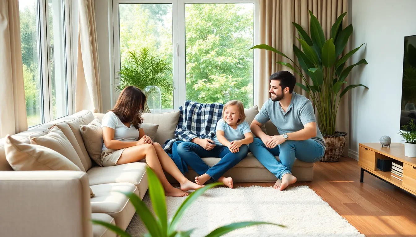 living room, happy family, fresh air, green plant