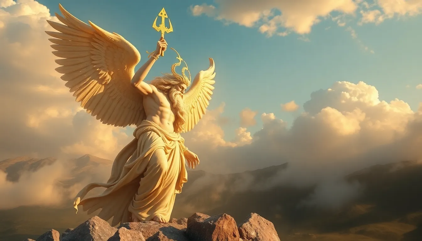 Cronos jeune divinité, l'air menaçant, menace Ouranos avec une faucille, vieux et à trois quart de d...