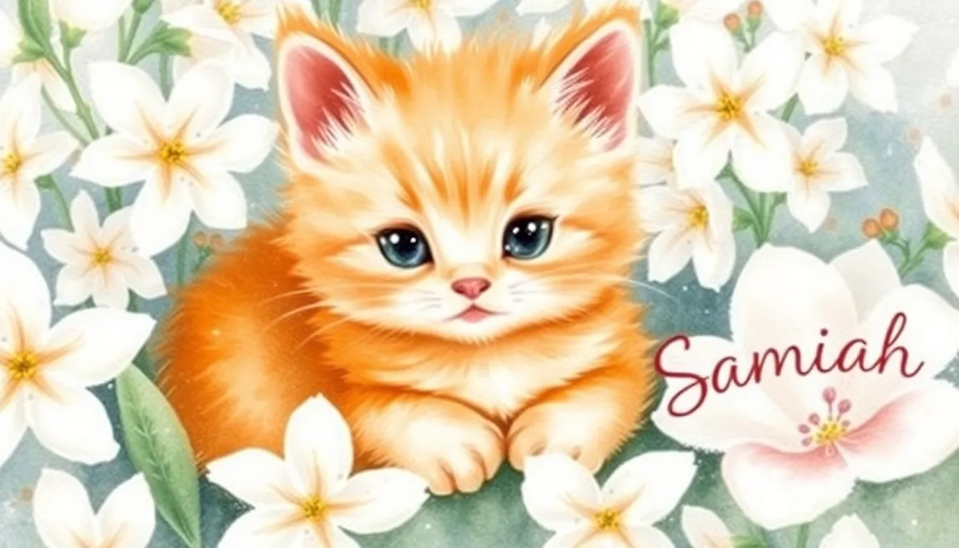 A chubby, short-legged orange kitten with an expressive, curious face nestles among blooming white f...