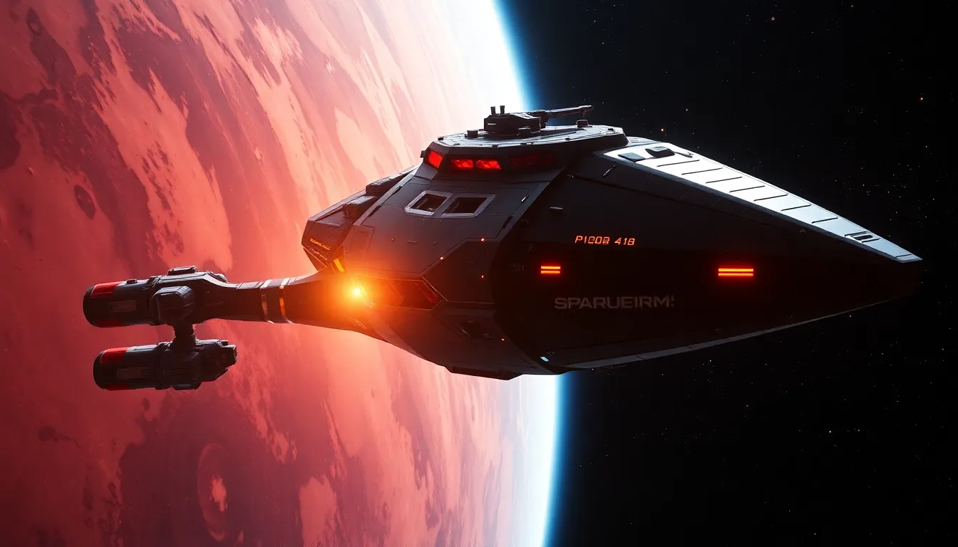A massive spaceship docking at a glowing space sta... A massive spaceship docking at a glowing space sta...