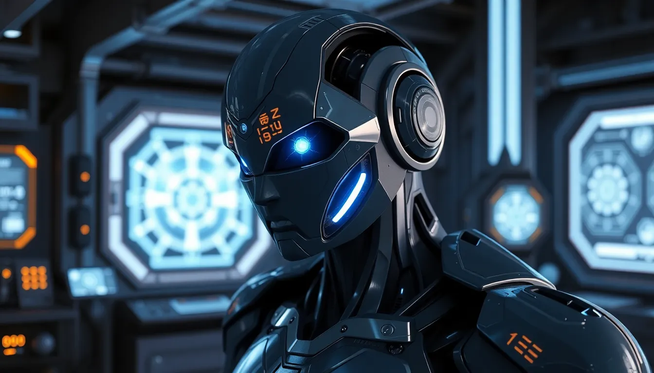 A sleek and futuristic robot with glowing blue eyes, standing in a high-tech laboratory filled with ...