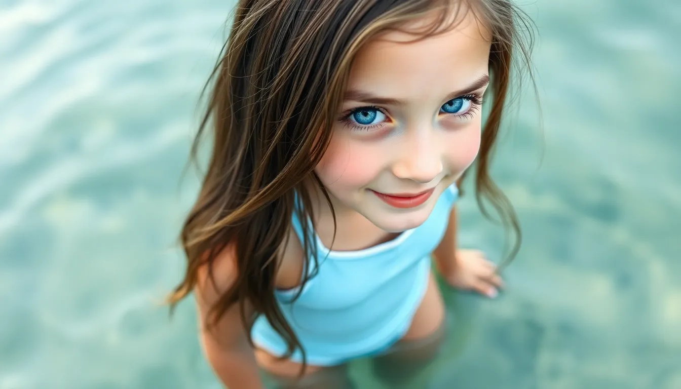 teen girl, blue eyes, light blue swimsuit, with wh...